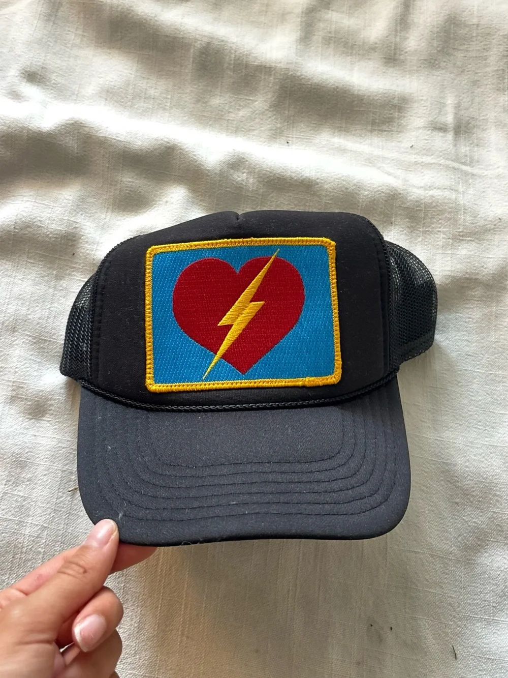 Aviator nation Black Trucker Hat with Red Heart & Yellow Lightning Patch